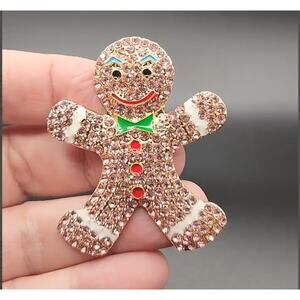 Gingerbread Man Christmas Brooch Pink Rhinestones & Enamel Accents